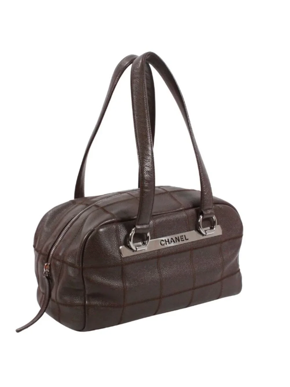 Chanel Choco Bar Mini Caviar Leather Dark Brown Boston Bag Silver